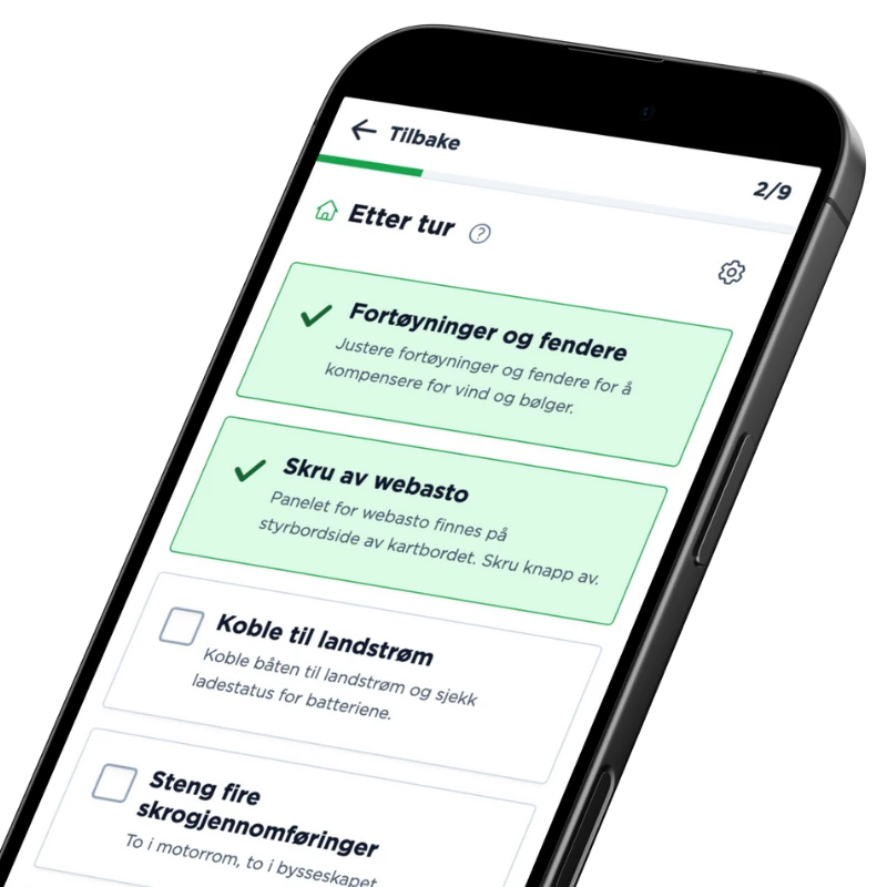 Skjermbilde av sjekkliste og vedlikeholdsoversikt i Kveile